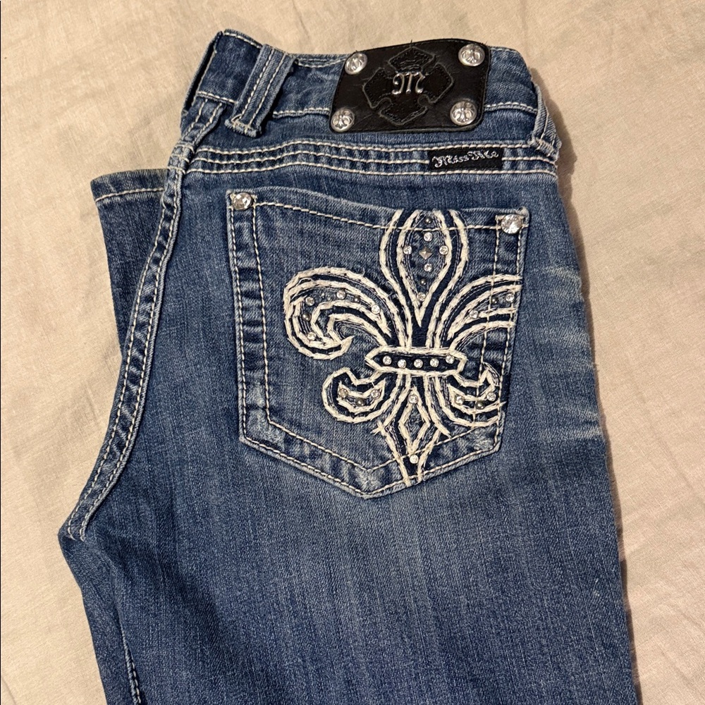 Miss Me Blue Boot Cut Jeans with White embroidery with Jewels - Picture 5 of 5